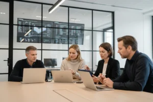 Team reviewing financial growth charts and performance statistics in a modern office setting.